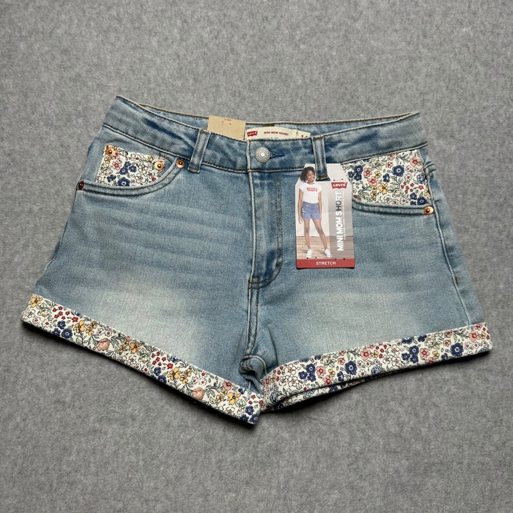 Levis Girls Mini Mom Shorts Light Wash Floral Denim High Rise Size 14 Regular
